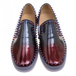 Christian Louboutin Ombrè Glitter Patent Leather Spike Pik Boat Slip On Sneakers Size 43.5