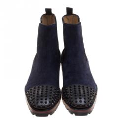 Christian Louboutin Navy Blue Suede Melon Spikes Ankle Boots Size 44