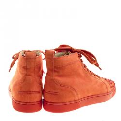 Christian Louboutin Orange Suede Lou Spikes High Top Sneakers Size 44.5