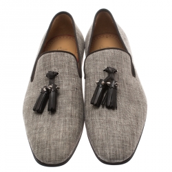 مملوكة مسبقًا Christian Louboutin Grey Canvas Dandelion Spiked Tassel Detail Loafers Size 40