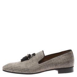 مملوكة مسبقًا Christian Louboutin Grey Canvas Dandelion Spiked Tassel Detail Loafers Size 40