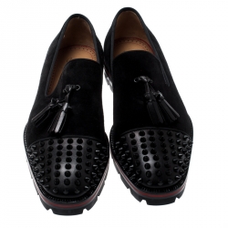 Pre Owned حذاء لوفرز كريستيان لوبوتان نعل سميك غطاء مقدمة مزخرف سبايك روسيني جلد وسويدي أسود مقاس 40