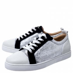 Christian Louboutin Silver/White Foil Leather and Leather Orlato Low Top Sneakers 43.5