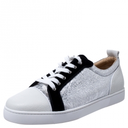 Christian Louboutin Silver/White Foil Leather and Leather Orlato Low Top Sneakers 43.5