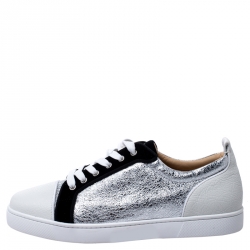 Christian Louboutin Silver/White Foil Leather and Leather Orlato Low Top Sneakers 43.5