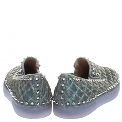 Pre Owned Christian Louboutin Blue Quilted Glitter Fabric Spike Pik Boat Slip On Sneakers Size 43.5