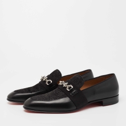 مملوكة مسبقًا Christian Louboutin Black Leather and Raffia Panamax Spiked Loafers Size 43.5  