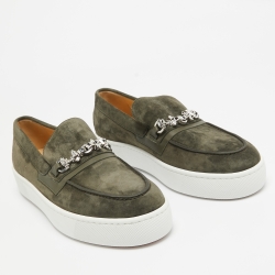 Pre Owned Christian Louboutin Dark Green Suede and Leather Metallur Sneakers Size 43.5