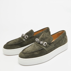 Pre Owned Christian Louboutin Dark Green Suede and Leather Metallur Sneakers Size 43.5