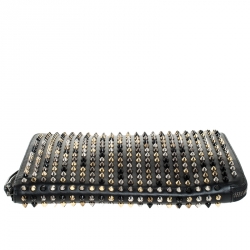Pre Owned Christian Louboutin Black Leather Spike Zip Around Wristlet Clutch