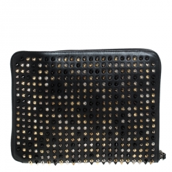 Pre Owned Christian Louboutin Black Leather Spike Zip Around Wristlet Clutch