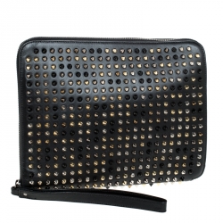 Pre Owned Christian Louboutin Black Leather Spike Zip Around Wristlet Clutch
