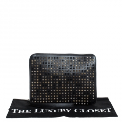 Pre Owned Christian Louboutin Black Leather Spike Zip Around Wristlet Clutch