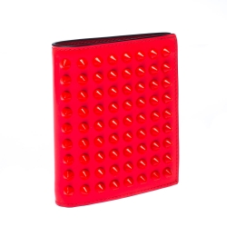 Pre Owned Christian Louboutin Neon Orange Leather Clipsos Studded Bifold Wallet