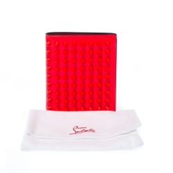 Pre Owned Christian Louboutin Neon Orange Leather Clipsos Studded Bifold Wallet