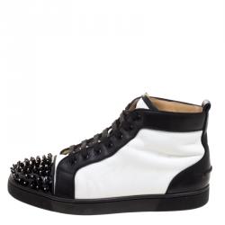 Pre Owned Christian Louboutin Monochrome Leather Lou Crystal Embellished Spikes Orlato Sneakers Size 42.5