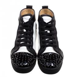 Pre Owned Christian Louboutin Monochrome Leather Lou Crystal Embellished Spikes Orlato Sneakers Size 42.5