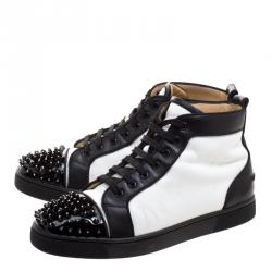 Pre Owned Christian Louboutin Monochrome Leather Lou Crystal Embellished Spikes Orlato Sneakers Size 42.5