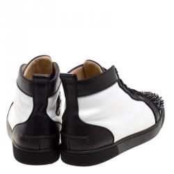 Pre Owned Christian Louboutin Monochrome Leather Lou Crystal Embellished Spikes Orlato Sneakers Size 42.5