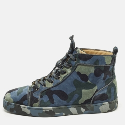 Pre Owned Christian Louboutin Size 44 Multicolor Camouflage Print  Suede High Top Sneakers