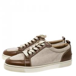 Christian Louboutin Beige/Brown Canvas and Leather Rantulow Sneakers Size 45