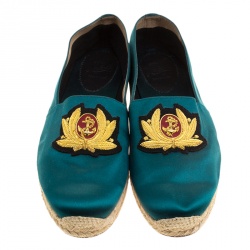 مملوكة مسبقًا Christian Louboutin Teal Green Satin Nanou Creast Espadrille Size 46