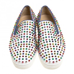 Christian Louboutin White Leather Roller Boat Multicolor Spiked Slip On Sneakers Size 44
