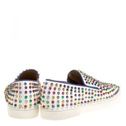 Christian Louboutin White Leather Roller Boat Multicolor Spiked Slip On Sneakers Size 44