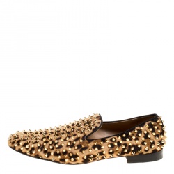 Christian Louboutin Beige Leopard Print Pony Hair Roller Boy Spiked Loafers Size 45