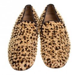 Christian Louboutin Beige Leopard Print Pony Hair Roller Boy Spiked Loafers Size 45