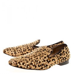 Christian Louboutin Beige Leopard Print Pony Hair Roller Boy Spiked Loafers Size 45