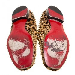 Christian Louboutin Beige Leopard Print Pony Hair Roller Boy Spiked Loafers Size 45