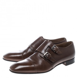 Christian Louboutin Brown Leather Mortimer Double Monk Strap Loafers Size 41.5
