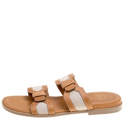 Christian Louboutin Brown Leather And Cotton Blend Ours Flat Mastic Flat Sandals Size 42.5