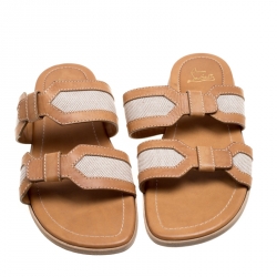 Christian Louboutin Brown Leather And Cotton Blend Ours Flat Mastic Flat Sandals Size 42.5