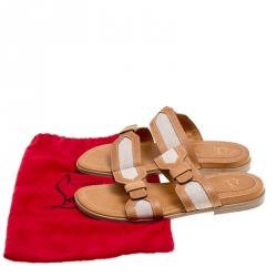 Christian Louboutin Brown Leather And Cotton Blend Ours Flat Mastic Flat Sandals Size 42.5