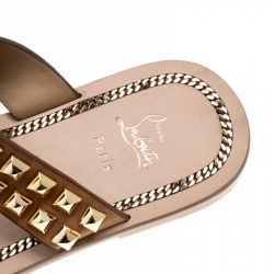 Christian Louboutin Brown Leather Studded Flat Sandals Size 42