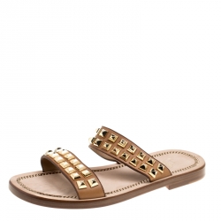 Christian Louboutin Brown Leather Studded Flat Sandals Size 42