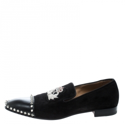 Pre Owned Christian Louboutin Black Suede and Leather Studded Flat Loafers Size 42