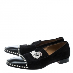 Pre Owned Christian Louboutin Black Suede and Leather Studded Flat Loafers Size 42
