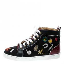 Pre Owned Christian Louboutin Black/Maroon Suede and Patent Leather Hand Embroidered High Top Sneakers Size 43