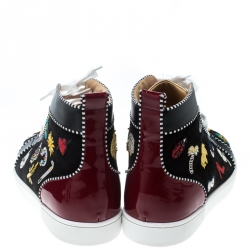 Pre Owned Christian Louboutin Black/Maroon Suede and Patent Leather Hand Embroidered High Top Sneakers Size 43