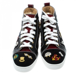 Pre Owned Christian Louboutin Black/Maroon Suede and Patent Leather Hand Embroidered High Top Sneakers Size 43