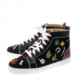 Pre Owned Christian Louboutin Black/Maroon Suede and Patent Leather Hand Embroidered High Top Sneakers Size 43