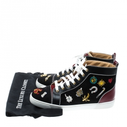 Pre Owned Christian Louboutin Black/Maroon Suede and Patent Leather Hand Embroidered High Top Sneakers Size 43