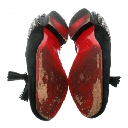 Pre Owned حذاء لوفر كريستيان لوبوتان سبايك تفاصيل شراشيب جلد شعر مهر أسود مقاس 42.5