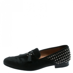 Pre Owned حذاء لوفر كريستيان لوبوتان سبايك تفاصيل شراشيب جلد شعر مهر أسود مقاس 42.5