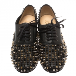 Pre Owned Christian Louboutin Black Leather Donna Spike Lace Up Oxfords Size 41