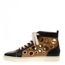 Pre Owned  Christian Louboutin Black Leather And Brown Suede Mika On Stage High Top Sneakers Size 40.5