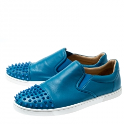 مملوكة مسبقًا Christian Louboutin Blue Spike Leather Skate Slip On Sneakers Size 41